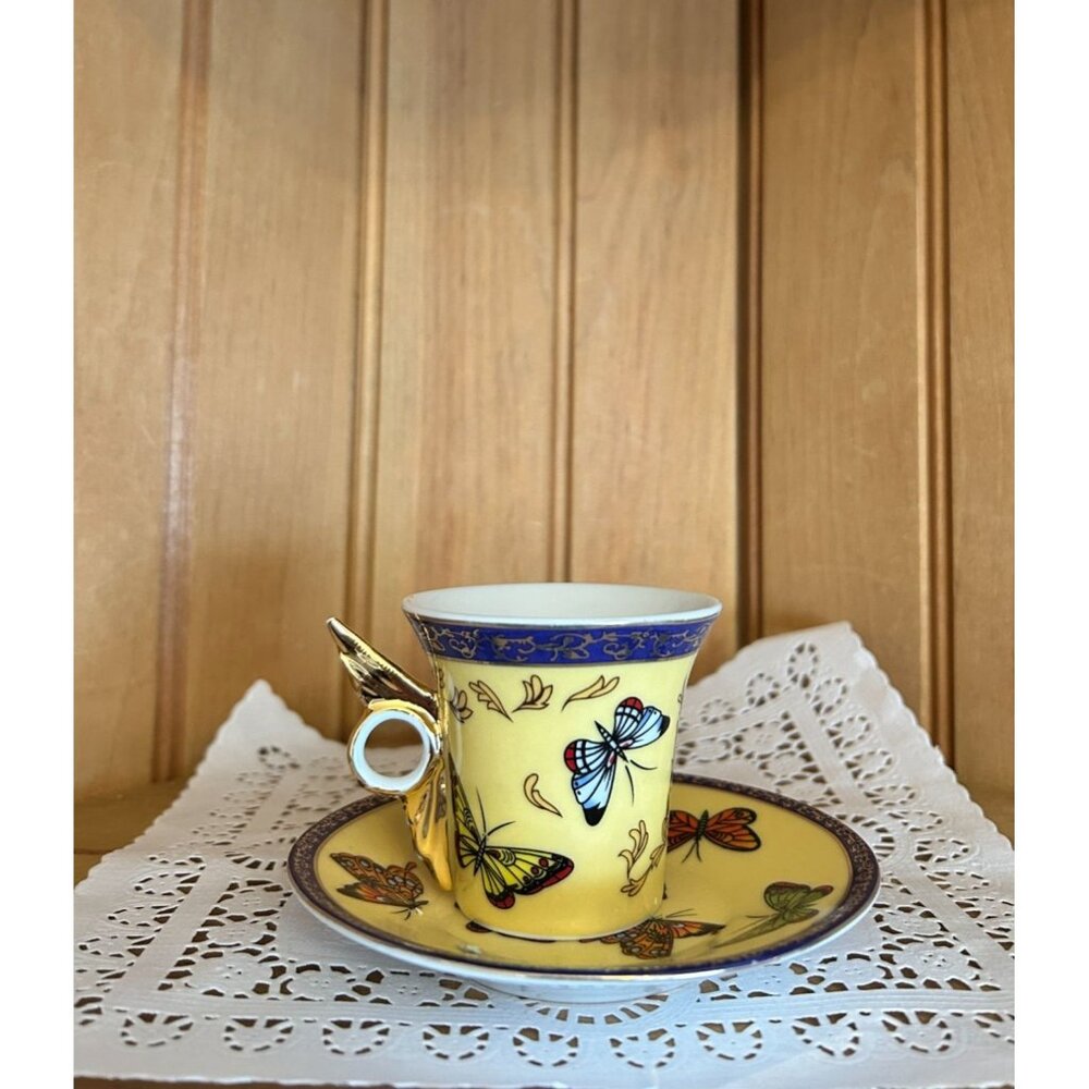 Vintage Fine Porcelain Espresso Yellow Butterfly Cup & Saucer Set Classic Coffee